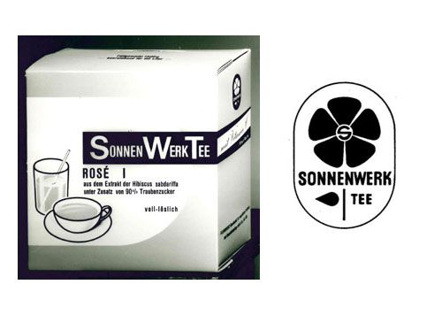 Markengeschichte Historische Verpackung des Sonnenwerk Tee von 1956, Pionier der Arbeitsplatzgetränke