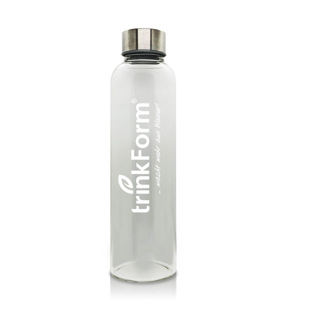 trinkForm® Trinkflasche mit Neopren-Hülle, 500 ml Elegante trinkForm® 500 ml Trinkflasche aus Borosilikatglas mit stylischem Edelstahldeckel, geschmacksneutral und hitzebeständig