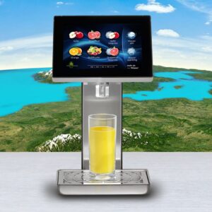 Presse trinkForm® Getränkeautomat mit Auswahl an Mixgetränken vor europäischer Landkarte, symbolisiert Expansion in Europa