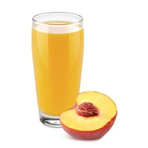Glas mit trinkForm® Light Pfirsich-Mix Konzentrat und einer halbierten Pfirsichfrucht, eine sanfte und aromatische Geschmackskomposition