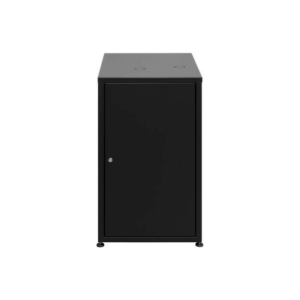 Schwarzer robuster Stahlschrank von trinkForm® in Größe S mit höhenverstellbaren Füßen und Schloss, ideal für Zubehör und Konzentrate
